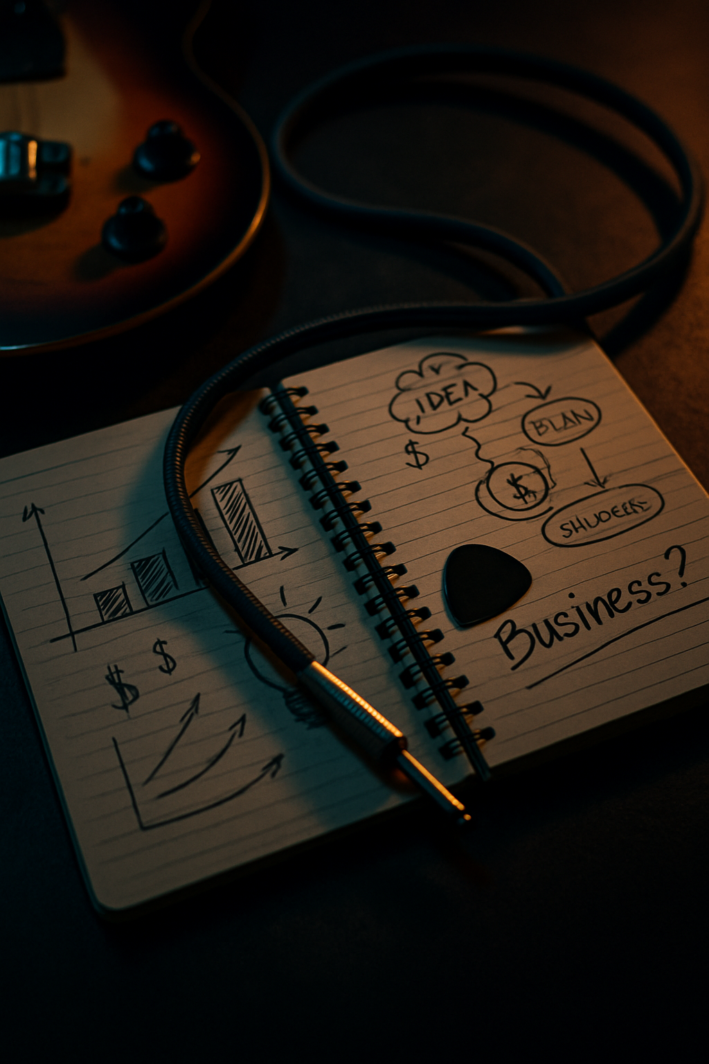 Notebook, guitar pick and cable — business meets rock and roll