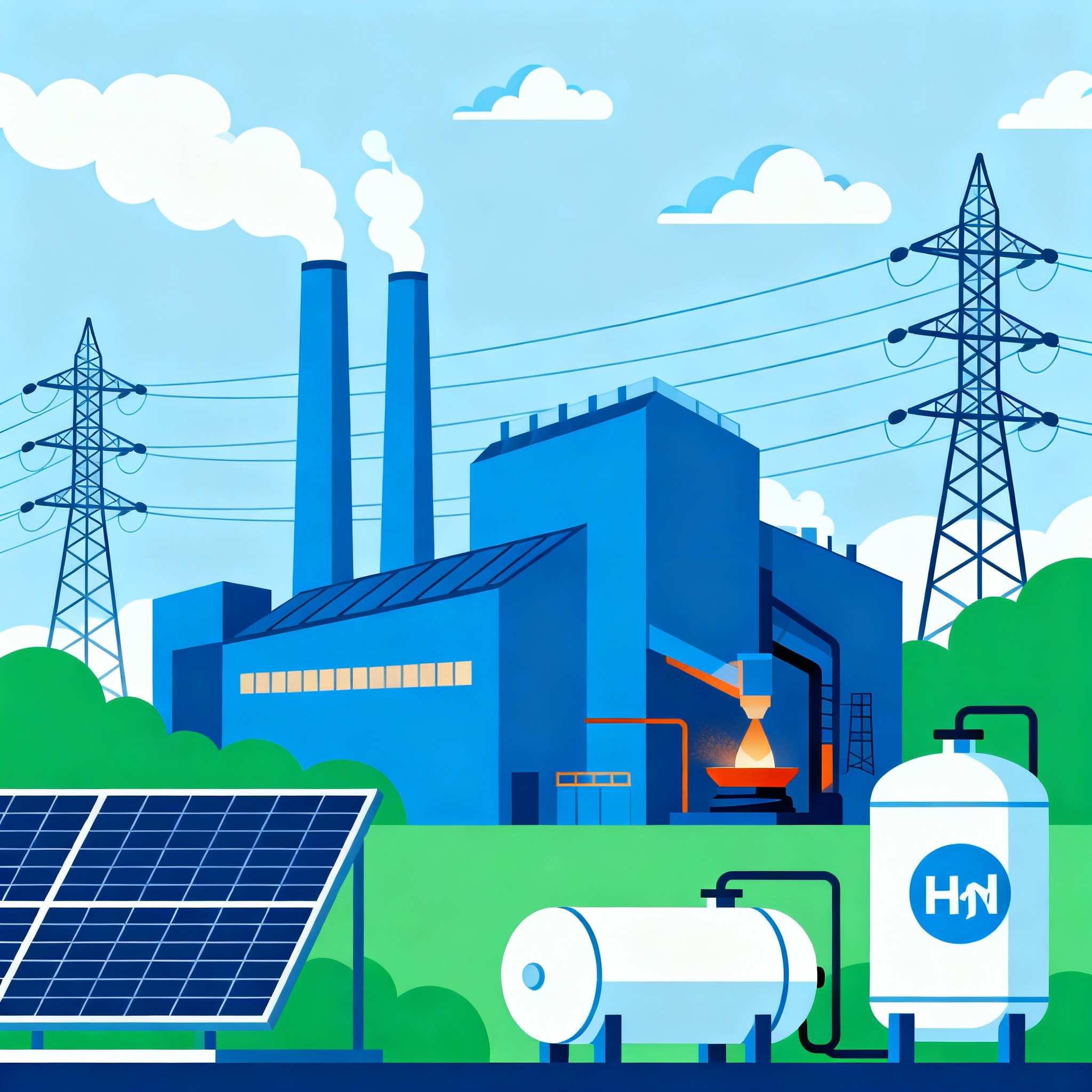 Illustration showing industrial factories, electric grids, hydrogen tanks, and steelmaking—visualising the integration of electrification and hydrogen pathways for industry decarbonisation,