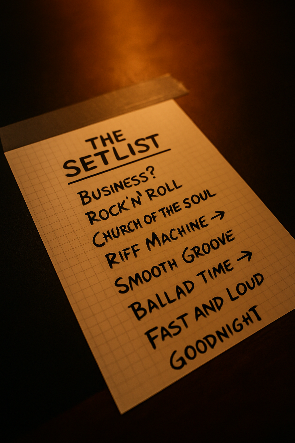 A taped setlist — strategy as cadence