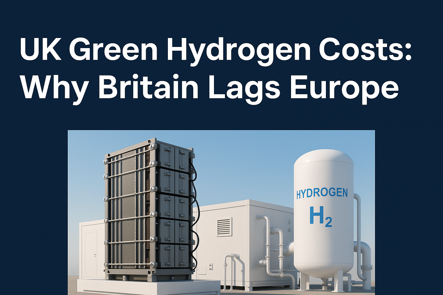 UK Green Hydrogen Costs: Why Britain Lags Europe — title graphic showing a green hydrogen electrolyser and storage tank under a clear blue sky.