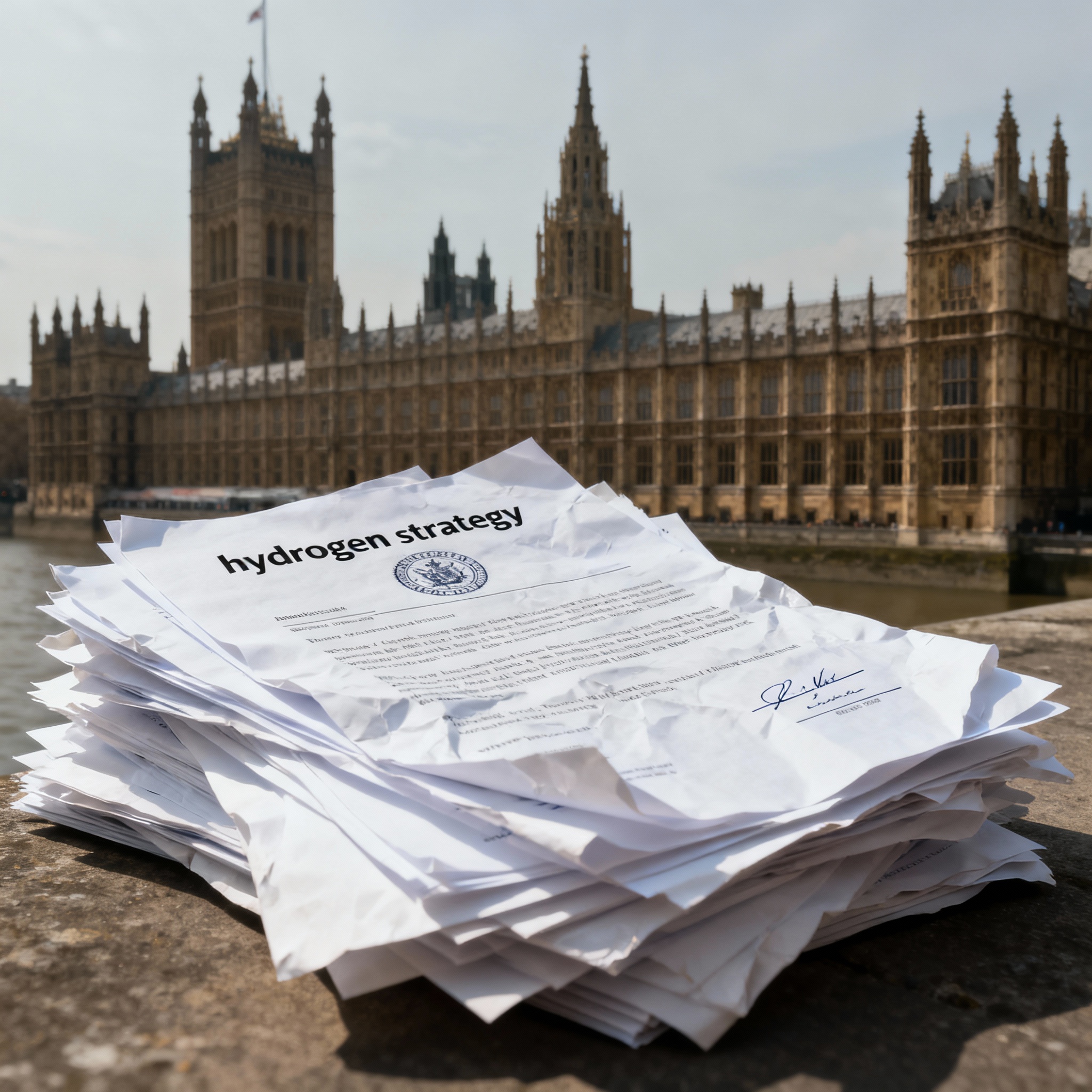 UK Hydrogen Policy Westminster Palace with stacks of realistic official documents labeled hydrogen strategy in foreground, illustrating the volume of UK government policy papers and consultations versus operational hydrogen project delivery