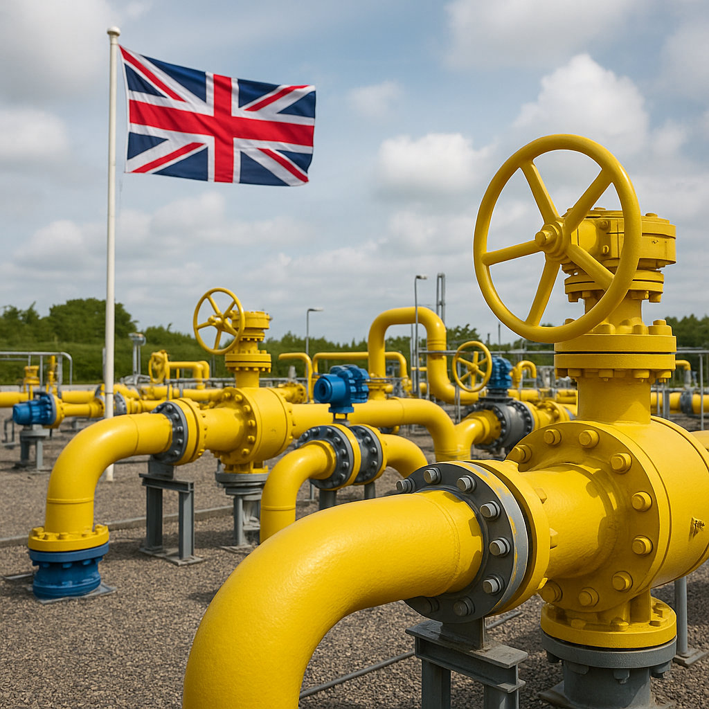 The UK Gas Grid's Prisoner's Dilemma: How Strategic Limbo Is Maximising Costs 6 Yellow gas pipeline infrastructure at a UK gas distribution site with valves and a Union Jack flag, illustrating the UK gas grid and current strategic uncertainty.