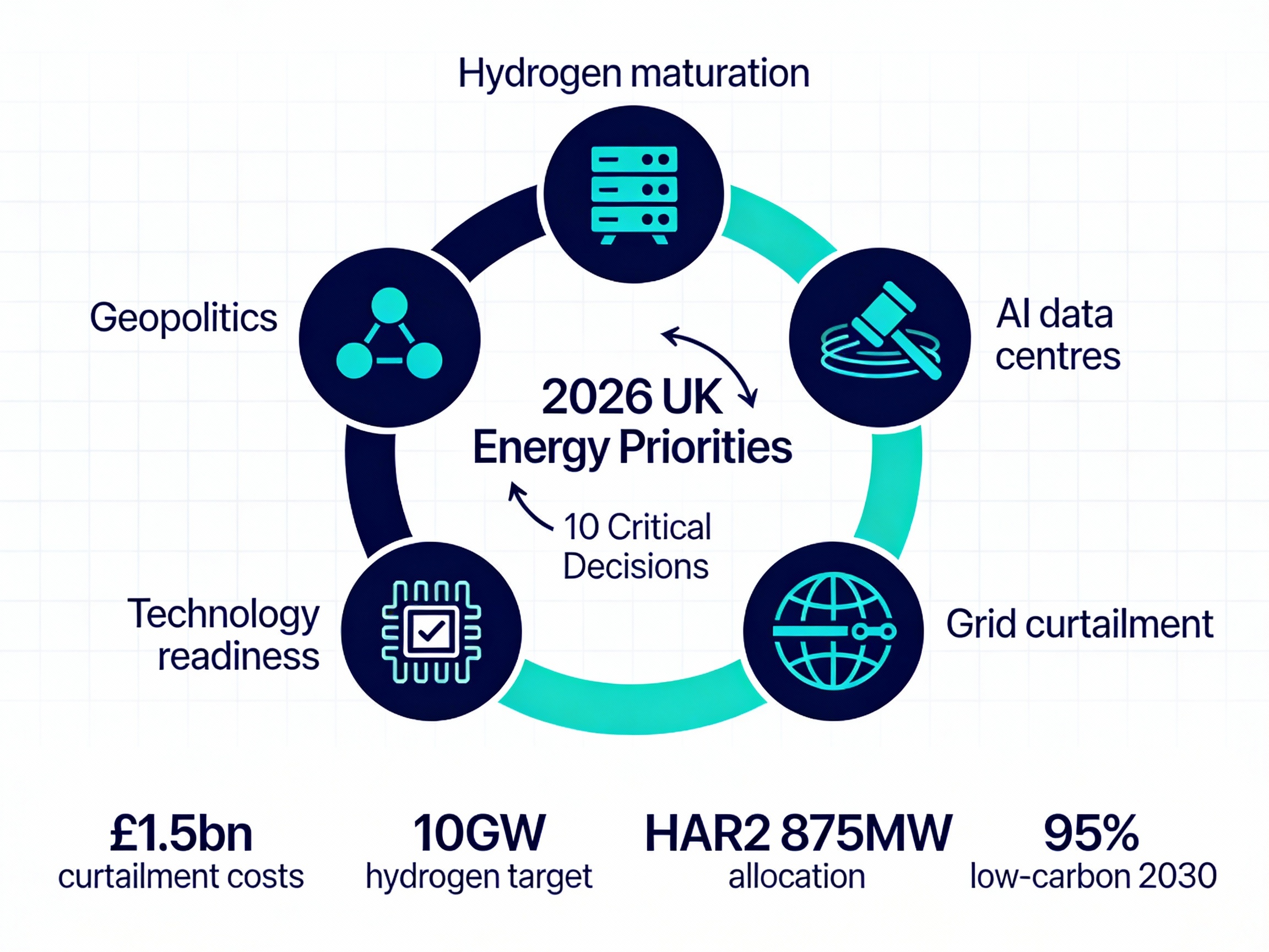 2026 UK energy priorities infographic showing six 2025 energy themes—hydrogen maturation, AI data centres, policy paralysis, grid curtailment costs £1.5bn, technology readiness, and geopolitics—flowing to ten critical 2025 decisions for Clean Power 2030, HAR2 hydrogen allocation, EGL transmission delivery, and grid optimization