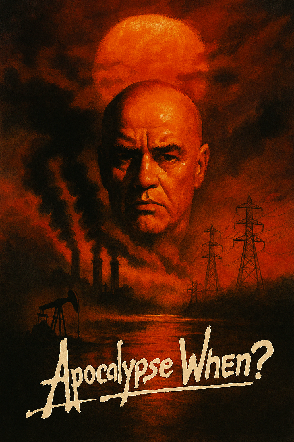 Cinematic, Apocalypse Now–style climate poster showing a burning red sky over industrial smokestacks, power lines and rising heat haze, illustrating the distortion of climate discourse.