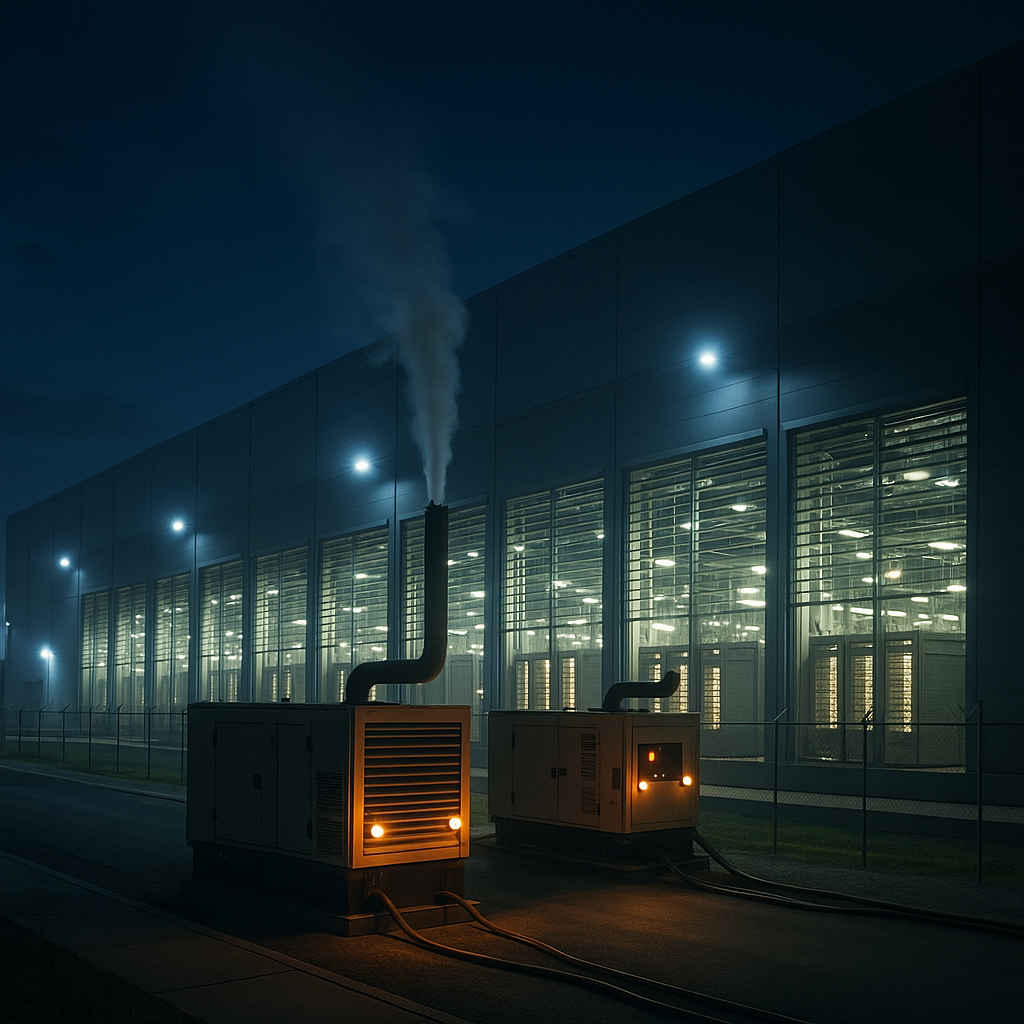 AI Data Centres and the UK Gas Network: Why Hydrogen and Biogas Could Bridge the Grid Connection Crisis 5 Night-time view of a large data centre relying on diesel backup generators, illustrating the UK’s grid capacity constraints and the growing energy demand of AI infrastructure.