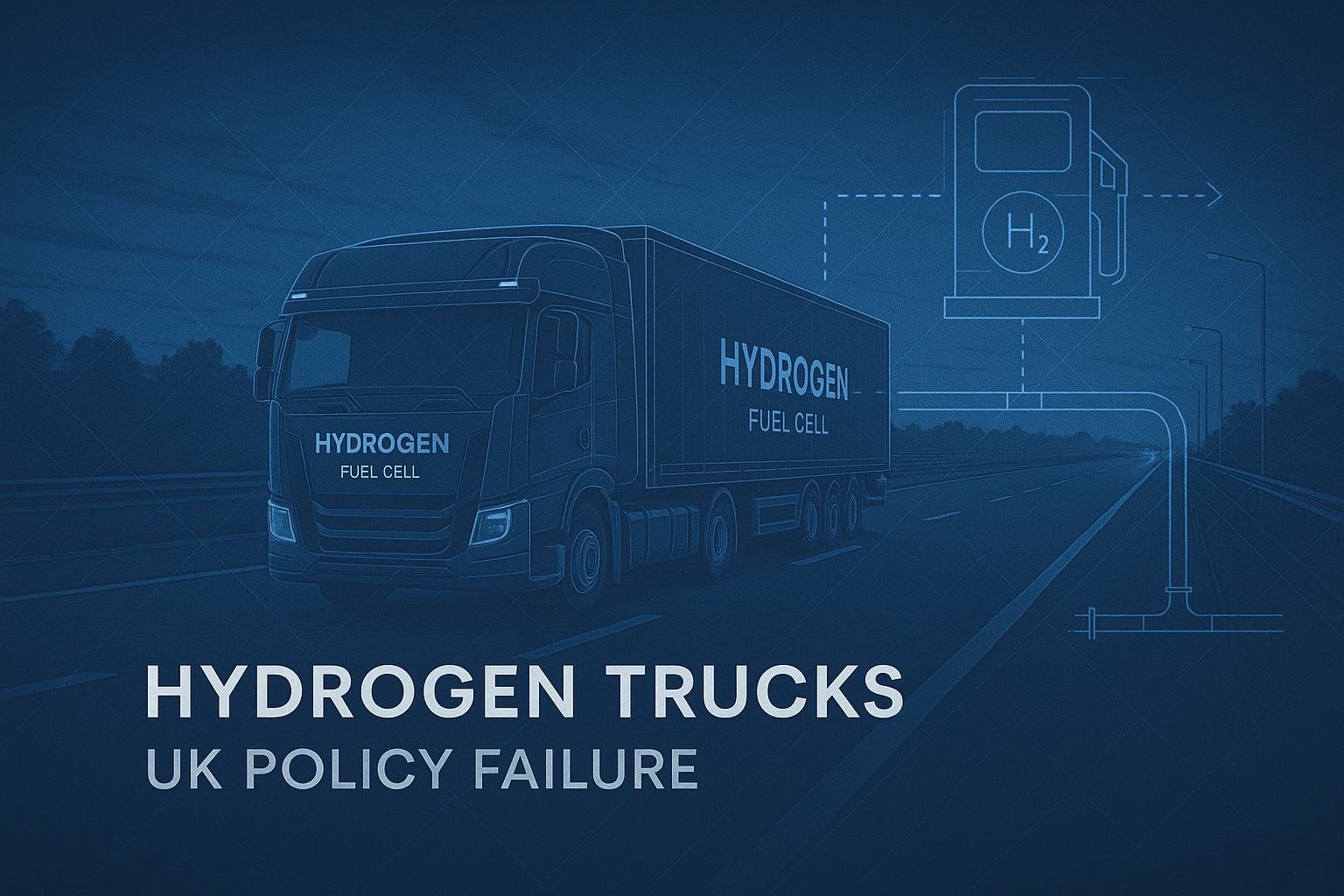 Blueprint-style illustration of a hydrogen fuel cell HGV on a UK motorway with a highlighted hydrogen refuelling node, illustrating the UK hydrogen trucks policy failure caused by missing infrastructure rather than technology limits