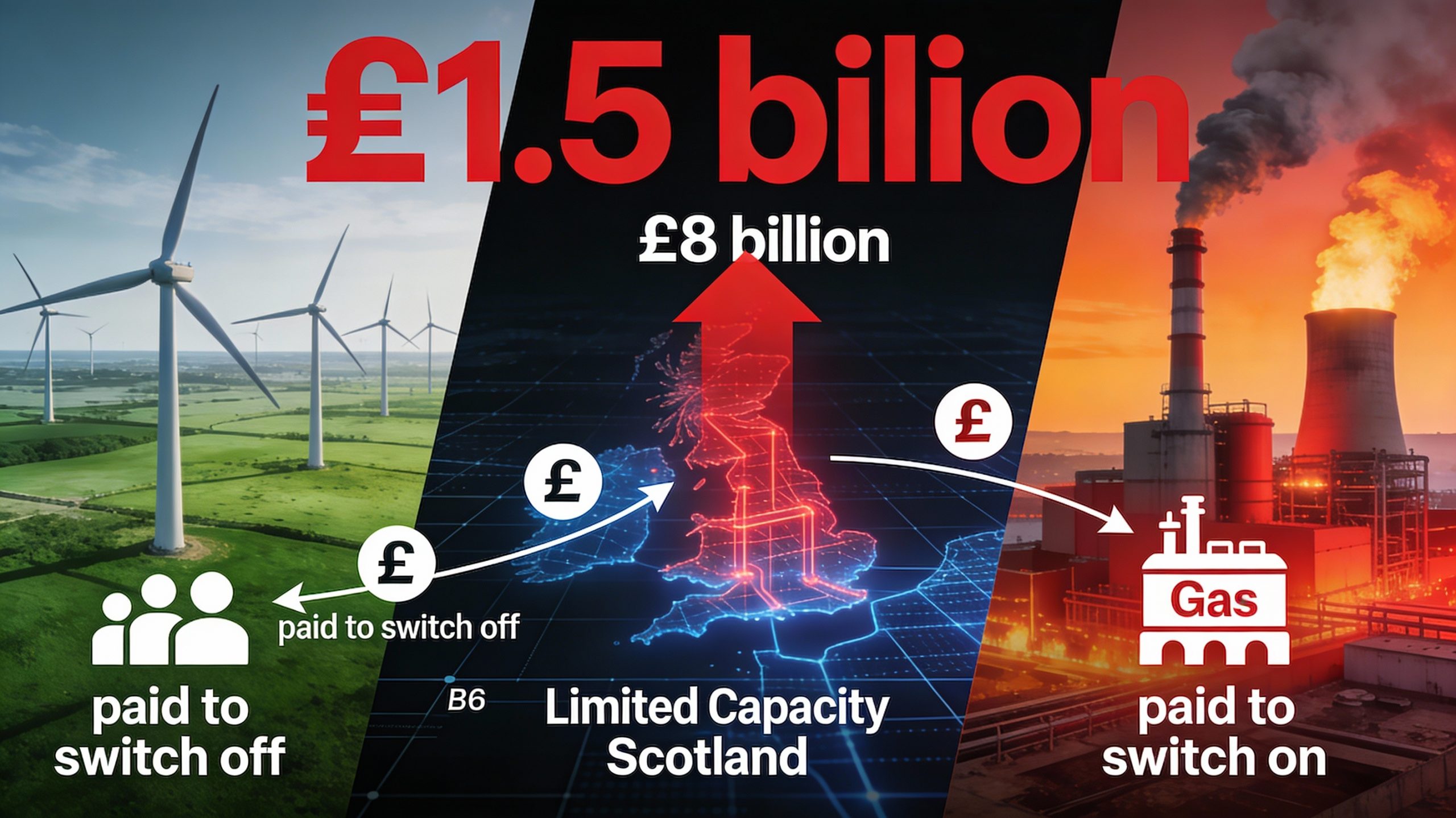 Infographic showing UK wind curtailment crisis: £1.5 billion in 2025 costs driven by B6 boundary transmission bottleneck between Scottish wind farms and English demand, with projection to £8 billion by 2030