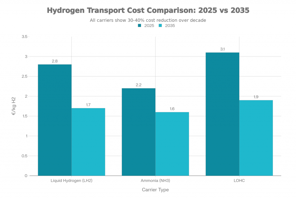 The Future of Liquid Hydrogen Carriers: Why They're Being Built, Who the Customers Are, and How Economics Compare to Ammonia 1 Bar chart comparing hydrogen transport costs for LH2, ammonia, and LOHC in 2025 and 2035, showing LH2 and ammonia converging near €1.6–1.7/kg by 2035