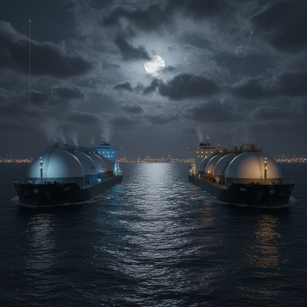 The Future of Liquid Hydrogen Carriers: Why They're Being Built, Who the Customers Are, and How Economics Compare to Ammonia 3 Realistic nighttime scene of two cargo ships at sea: a liquefied hydrogen (LH2) carrier with spherical cryogenic tanks and vapor, and an ammonia (NH3) tanker with prismatic tanks, illustrating economic comparison of liquid hydrogen carriers versus ammonia transport.