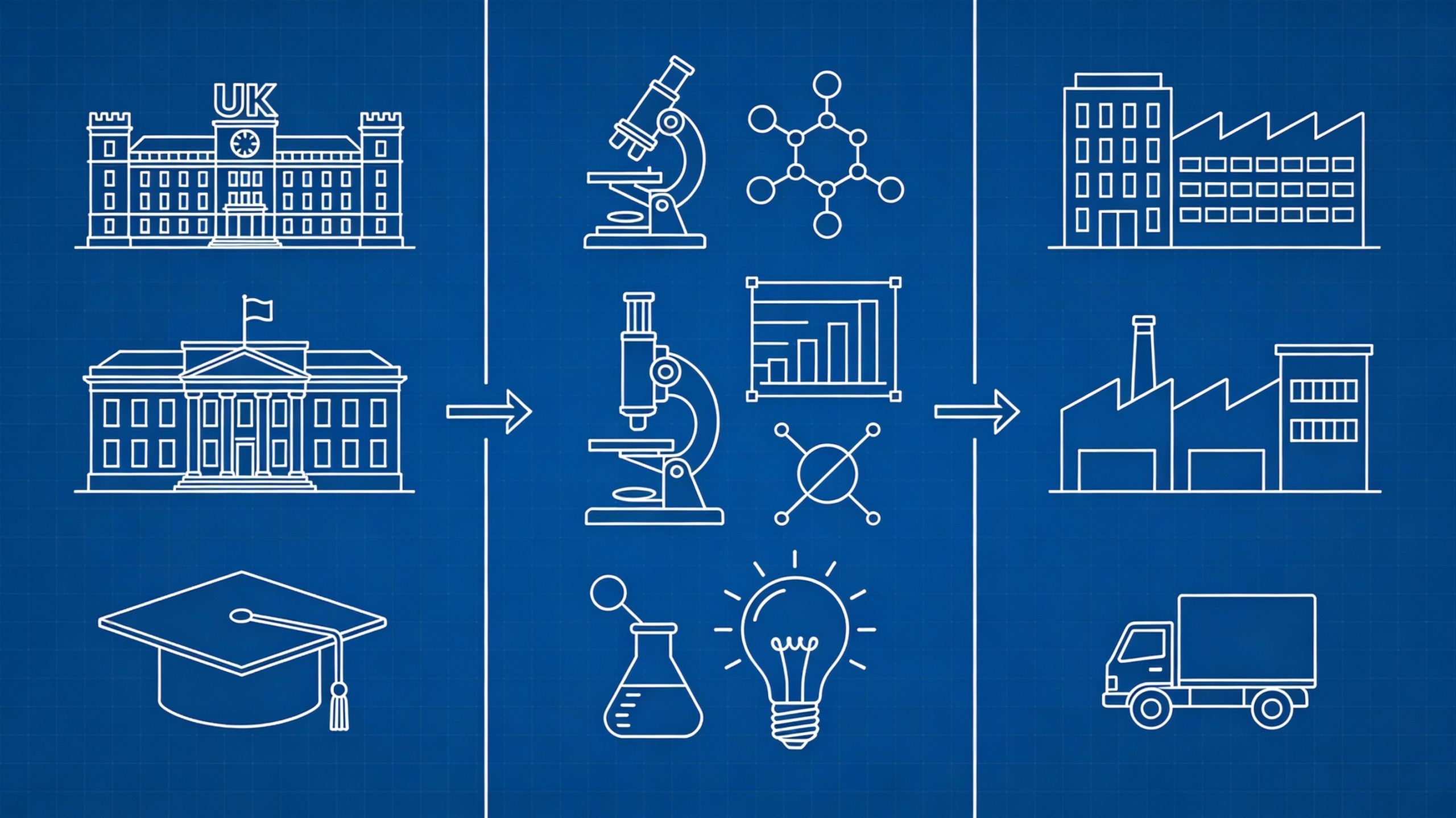 Illustration of the UKRI budget 2025–26 linking UK research, applied innovation and commercial scale-up.
