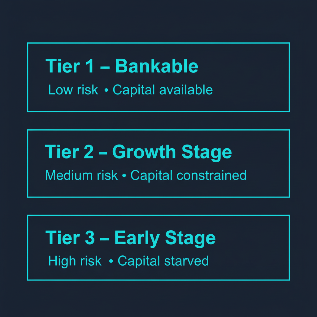 Hydrogen Investment Opportunity 2026: Why Deal Collapse Signals Real Value 2 Three-tier hydrogen market graphic with Tier 1 bankable, Tier 2 growth-stage and Tier 3 early-stage segments