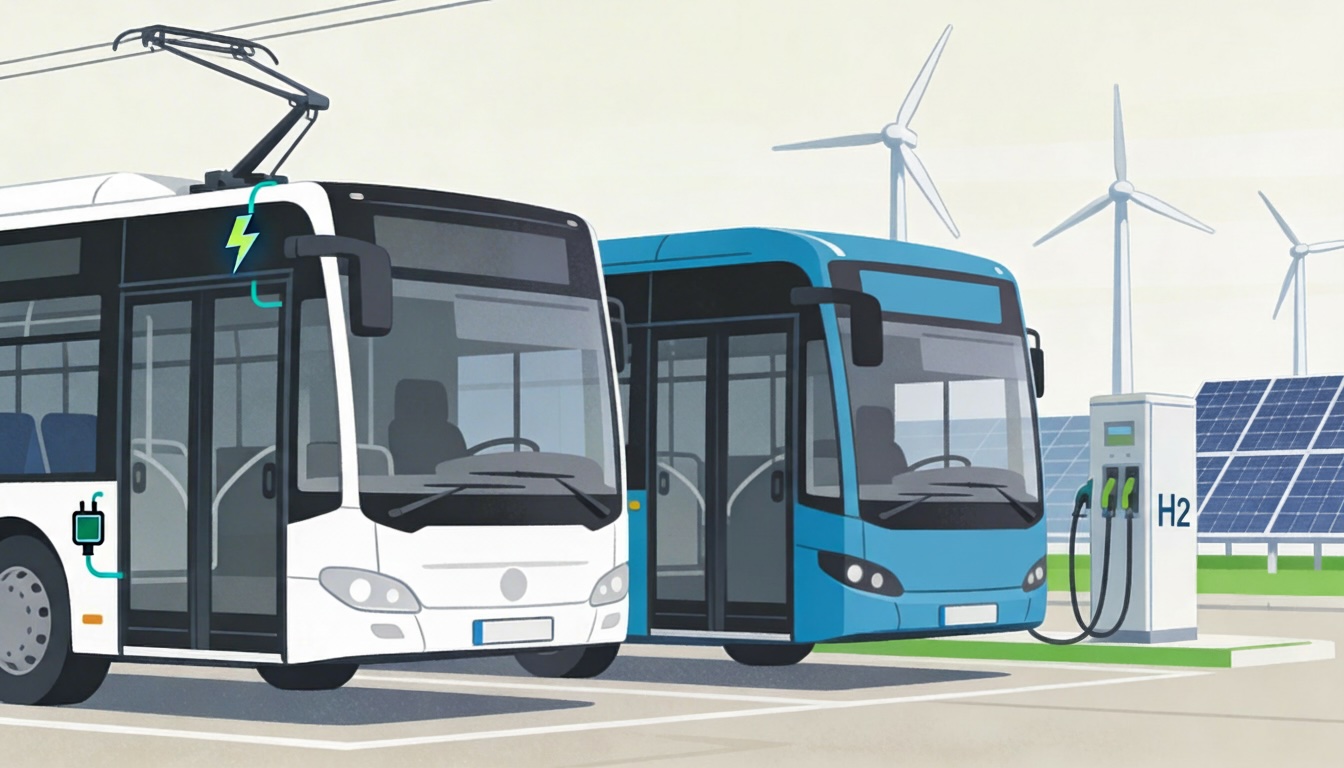 llustration of two zero-emission buses at a depot, one battery-electric with a charger and one hydrogen fuel cell with an H2 dispenser, with wind turbines and solar panels in the background.