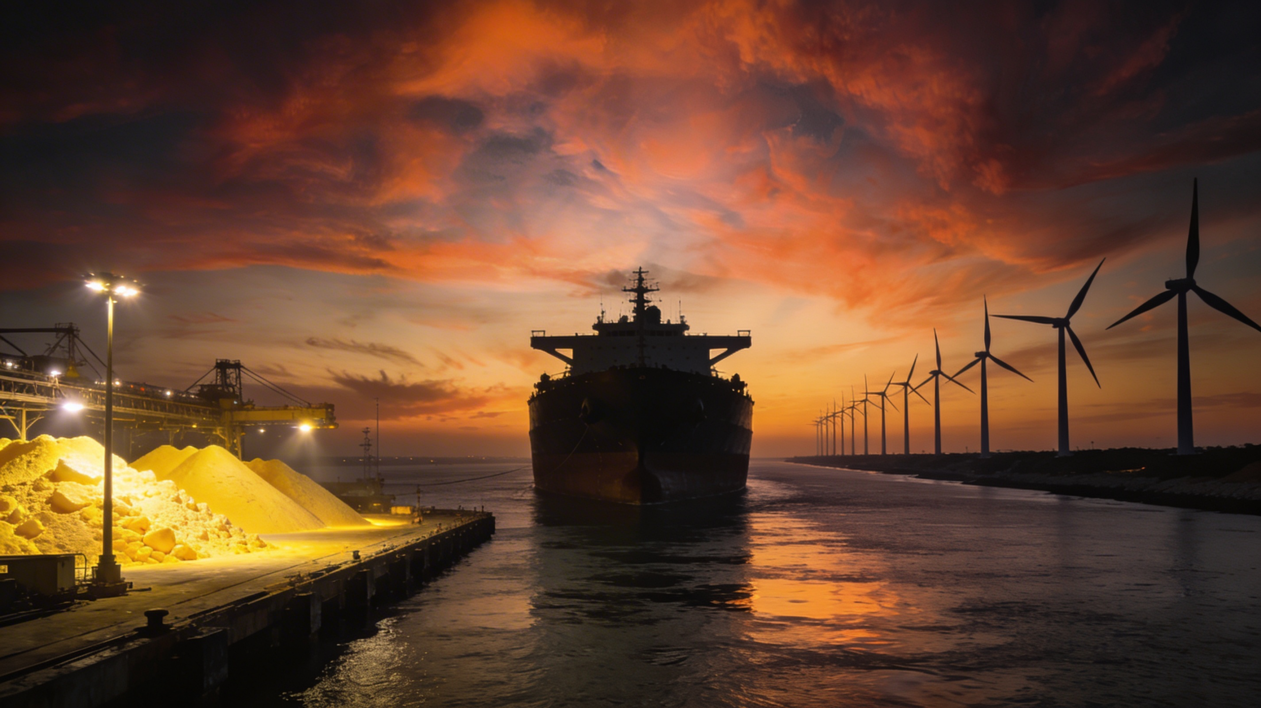 Oil tanker silhouetted in the Strait of Hormuz at dusk with yellow sulphur stockpiles on the quayside and wind turbines on the distant coastline, illustrating the link between oil supply disruption, sulphur shortages, and renewable energy supply chains