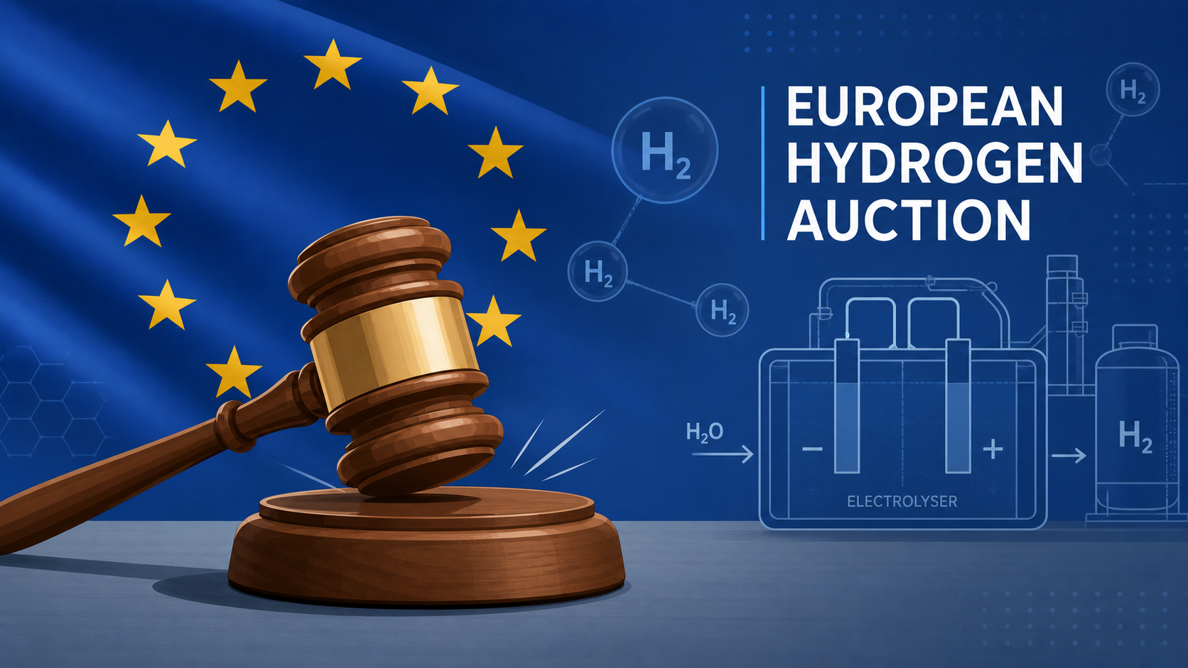 IF25 European Hydrogen Auction: Results, Analysis and What Comes Next 2 Illustration of an auctioneer’s gavel in front of the European Union flag, symbolising the IF25 European Hydrogen Auction for renewable and low‑carbon hydrogen.