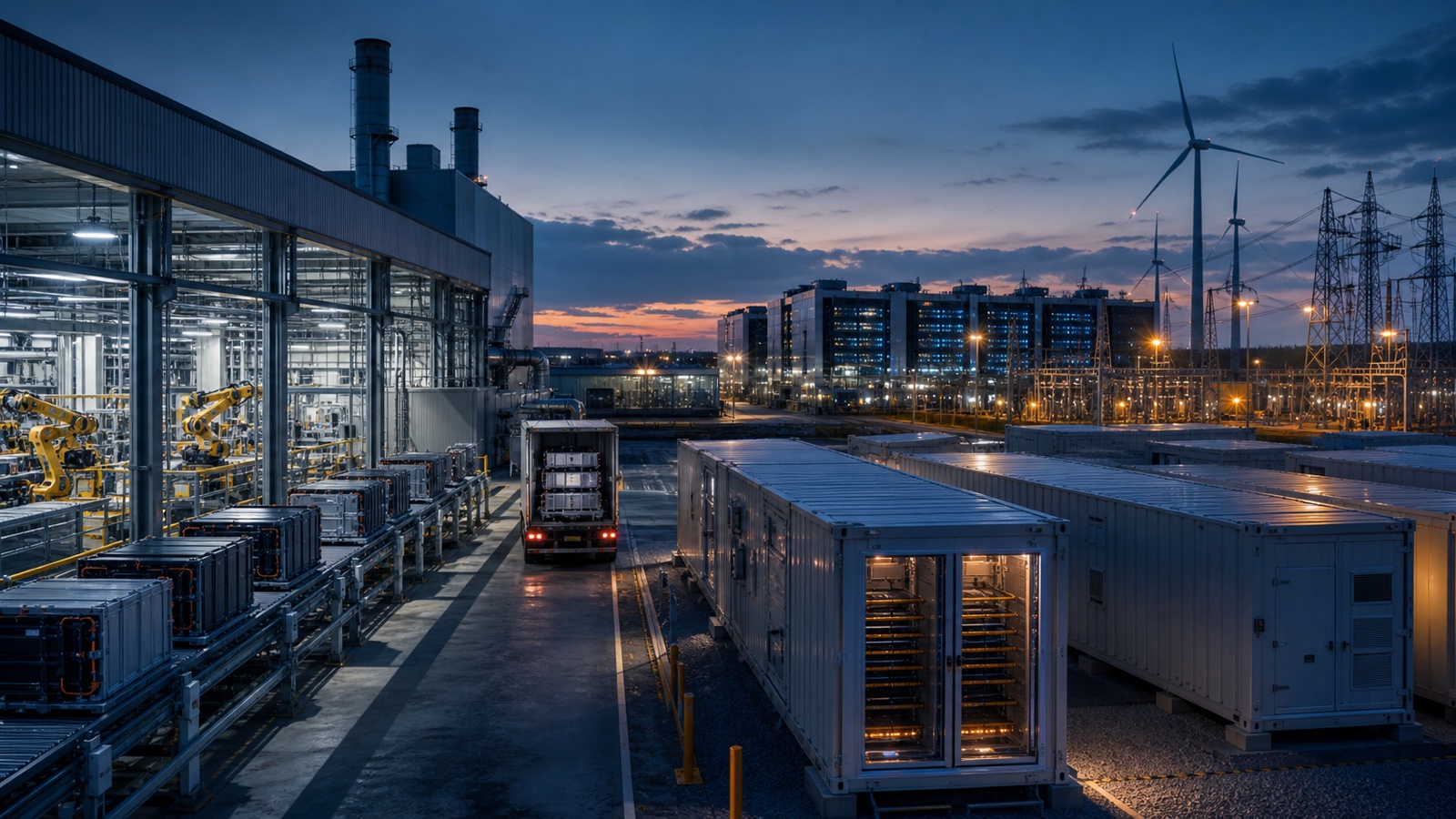 Automotive battery factory supplying containerised grid storage beside a data centre and electrical substation
