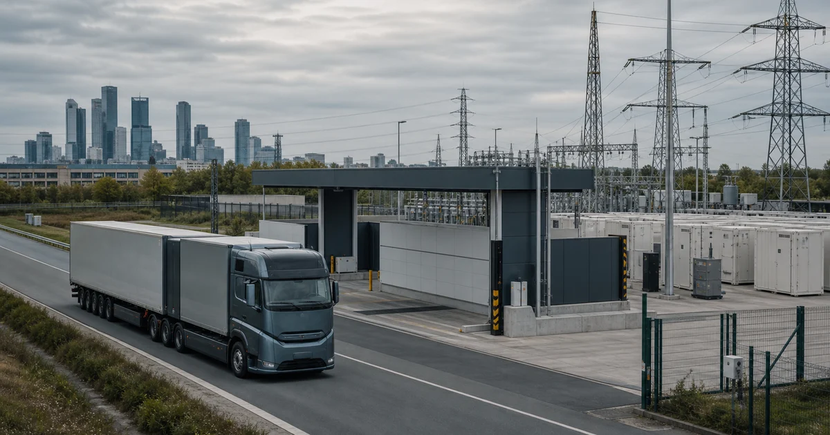 Battery Swapping for Heavy Trucks: Infrastructure Asset or Financial Repackaging? 2 Electric articulated heavy goods vehicle approaching a battery swap station with grid infrastructure and a financial district skyline in the background.