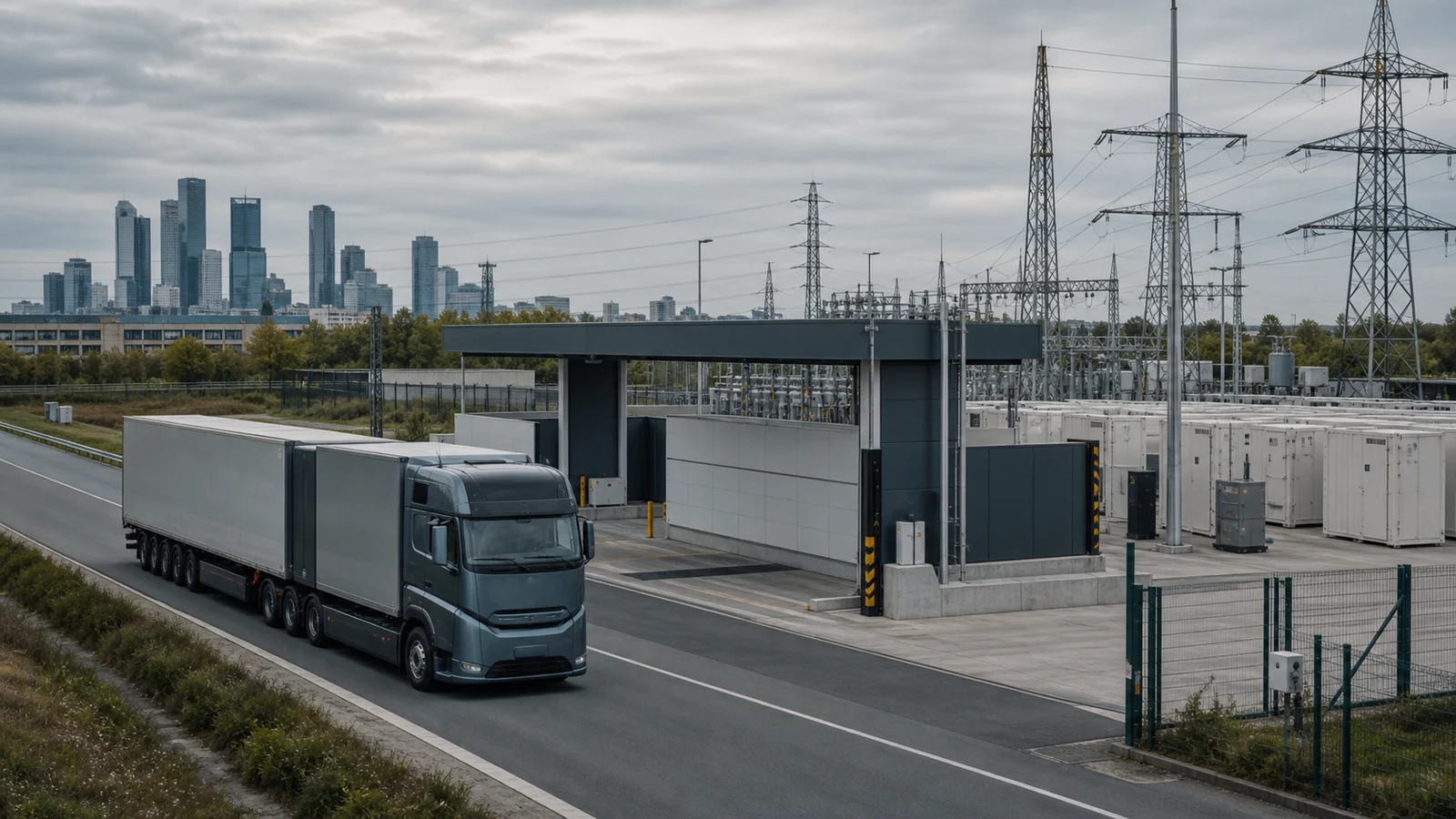 Battery Swapping for Heavy Trucks: Infrastructure Asset or Financial Repackaging? 6 Electric articulated heavy goods vehicle approaching a battery swap station with grid infrastructure and a financial district skyline in the background.