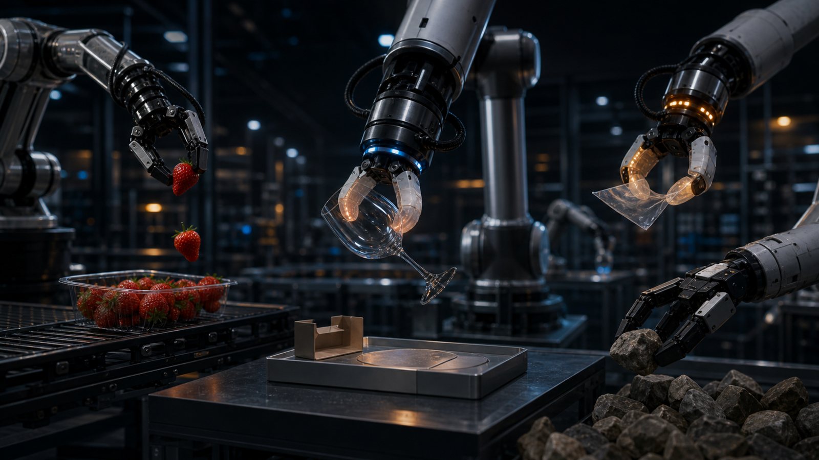 Humanoid Robots Are Raising Billions. The Missing Piece Is Touch. 2 Robotic grippers delicately manipulating fragile and varied objects, illustrating robotic dexterity and tactile sensing.