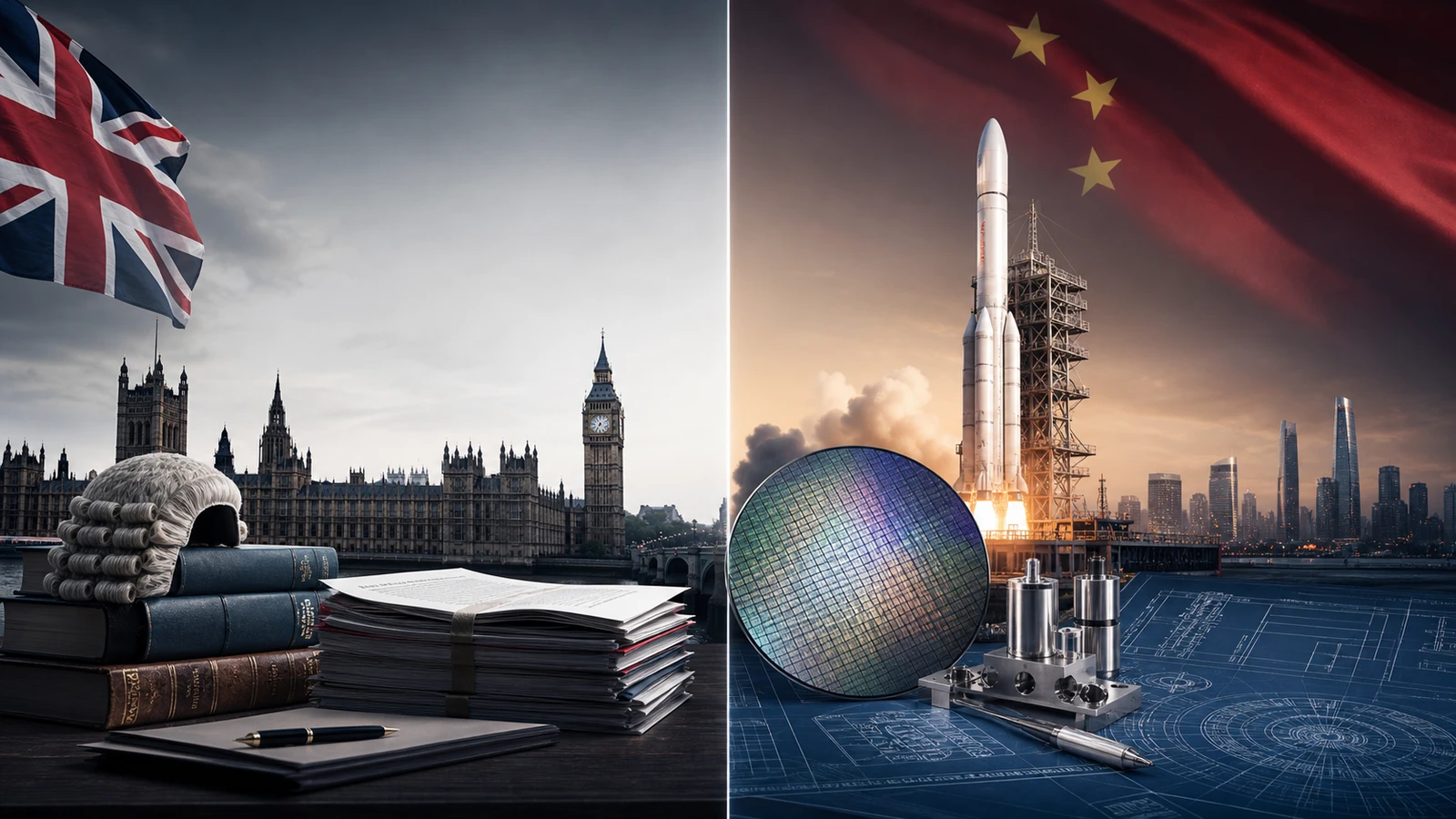 Split editorial image showing a British flag, Westminster, legal books and policy papers beside a Chinese flag, launch vehicle, semiconductor wafer and engineering drawings.