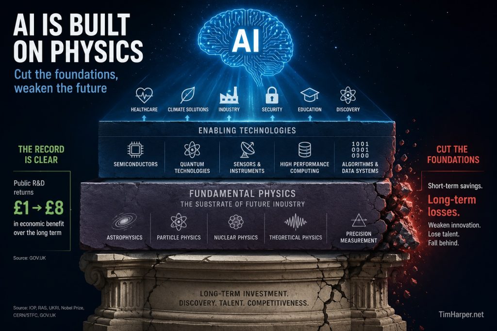 UK Physics Cuts: Cutting Physics to Fund AI Is How You Lose Both 4 Graphic showing fundamental physics as the foundation beneath semiconductors, quantum technologies and AI, illustrating why UK physics cuts could weaken future AI capability.