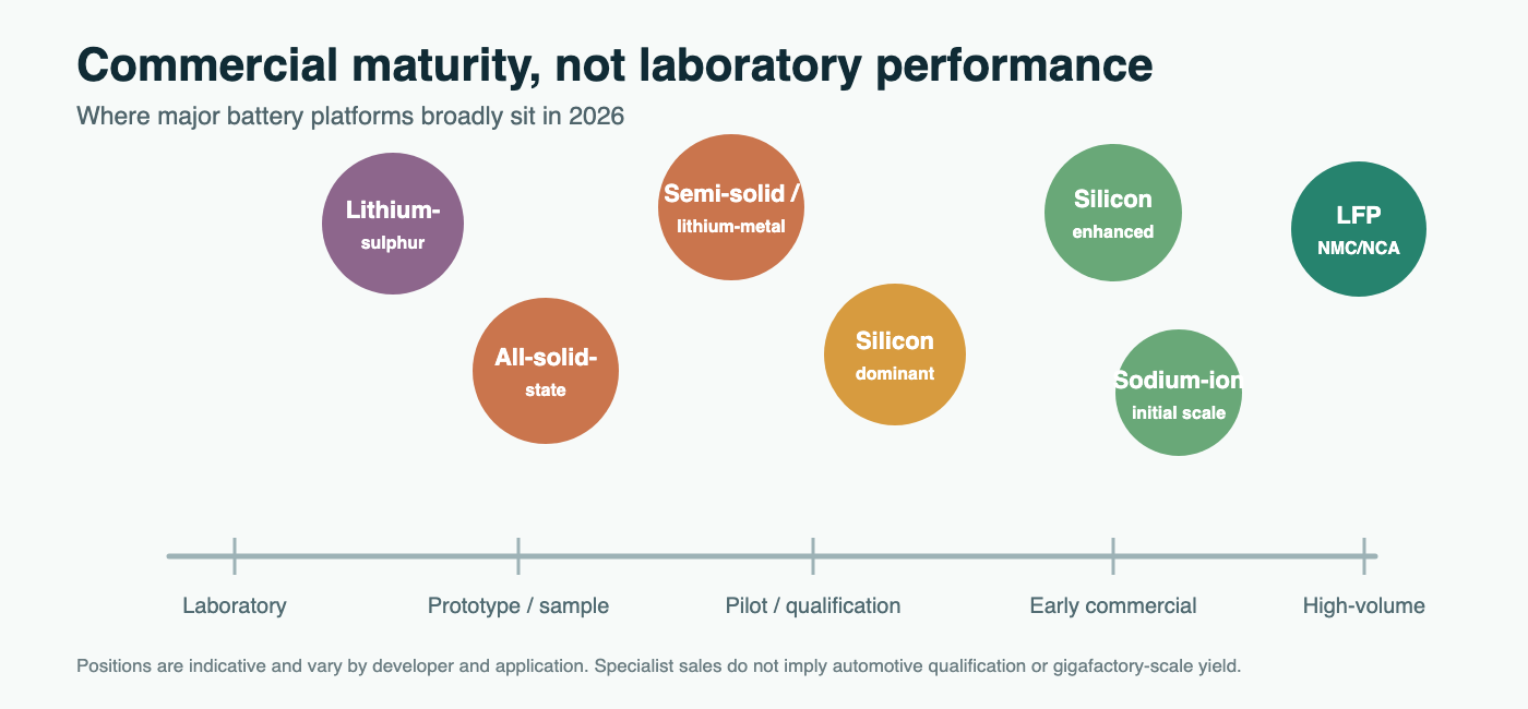 Battery Energy Density in 2026: State of the Art and Future Pathways 4 Battery technology maturity roadmap from established lithium-ion to pilot and developmental chemistries in 2026