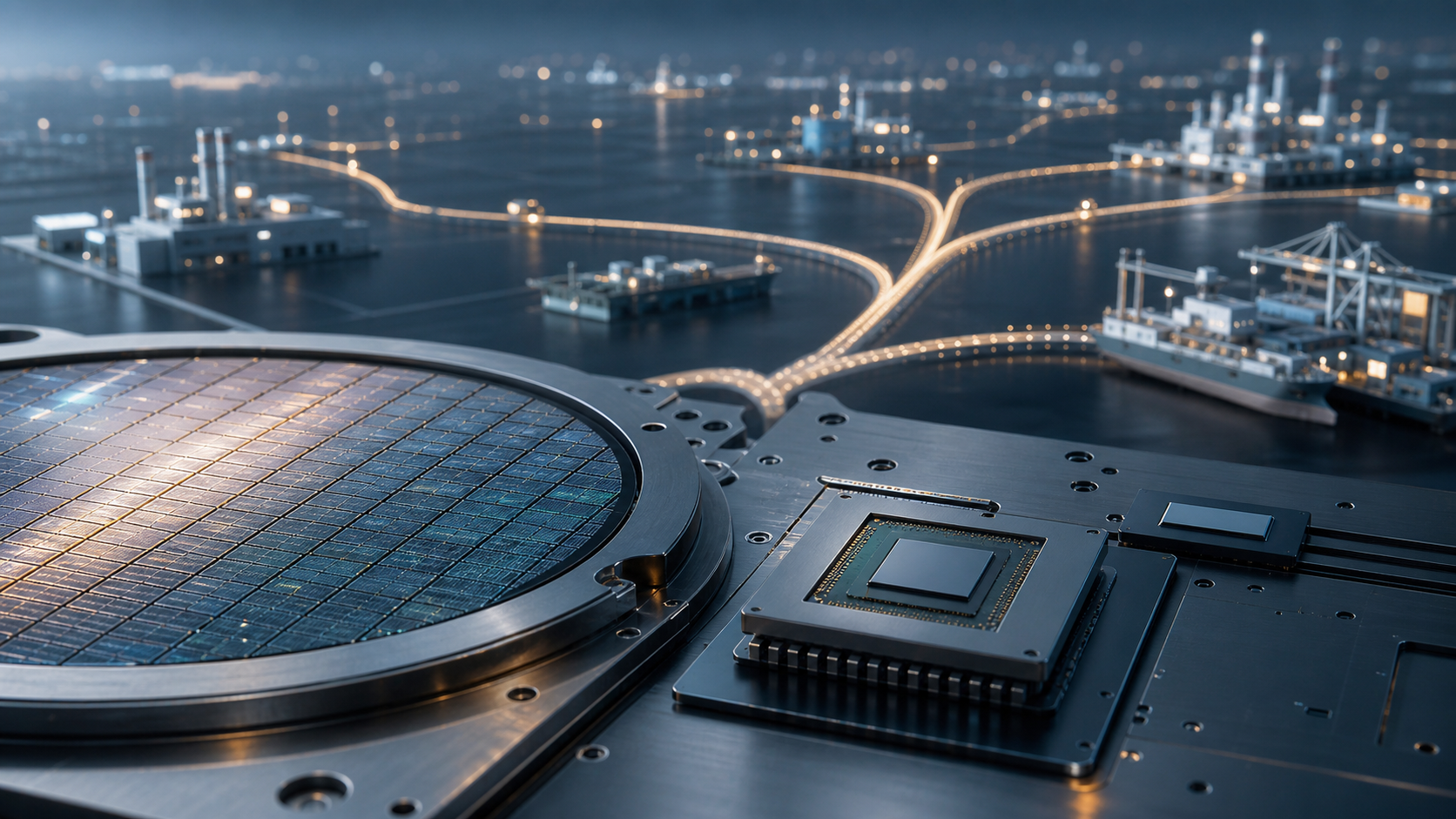Semiconductor wafer and advanced AI chip with multiple logistics routes branching towards regional manufacturing hubs.