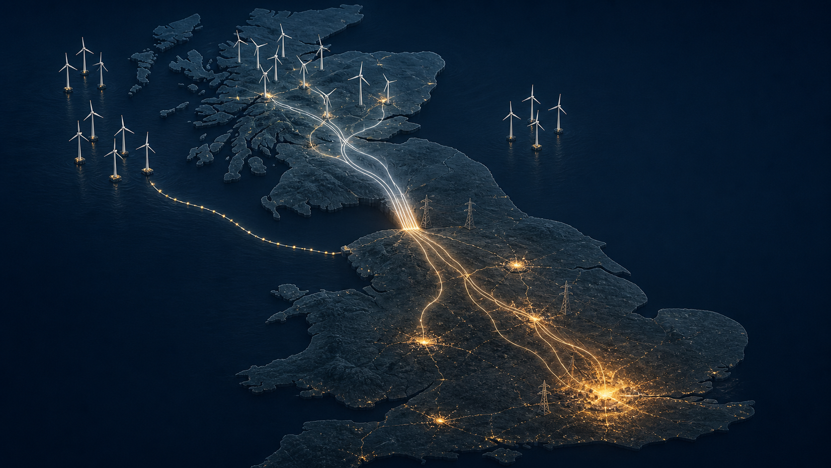 UK Wind Curtailment Costs Pass £1 Billion in 2026 — Why They Are Rising Faster 4 Map-like view of Britain showing Scottish wind generation flowing south through a constrained electricity transmission corridor.